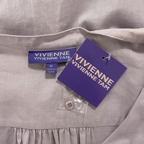 Vivienne Tam Light Gray Button Down V Neck Cuff Extended Shoulder Blouse NWT 10 - Picture 7 of 8